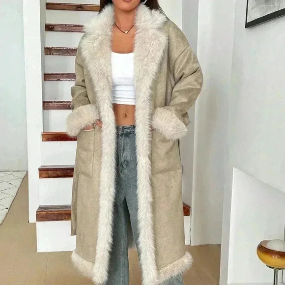 Beige Casual Women's Fuzzy Patchwork Long Sleeve Front Tie Pocket Jacket - Picture 5 of 7